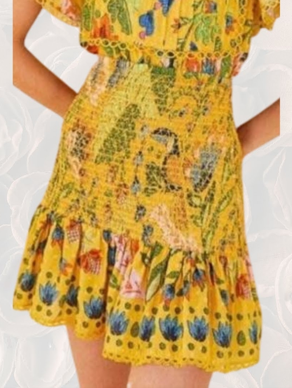 FARM Rio Yellow Tropical Smocked Mini Skirt Ruffle Hem Size S